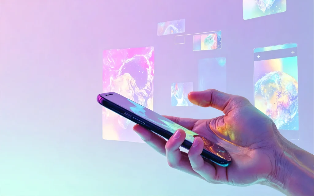 Mano usando smartphone con contenido digital flotante